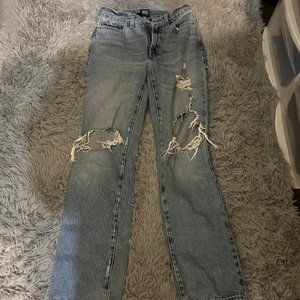 BDG bootcut high-waisted jeans, ripped knees, size 27